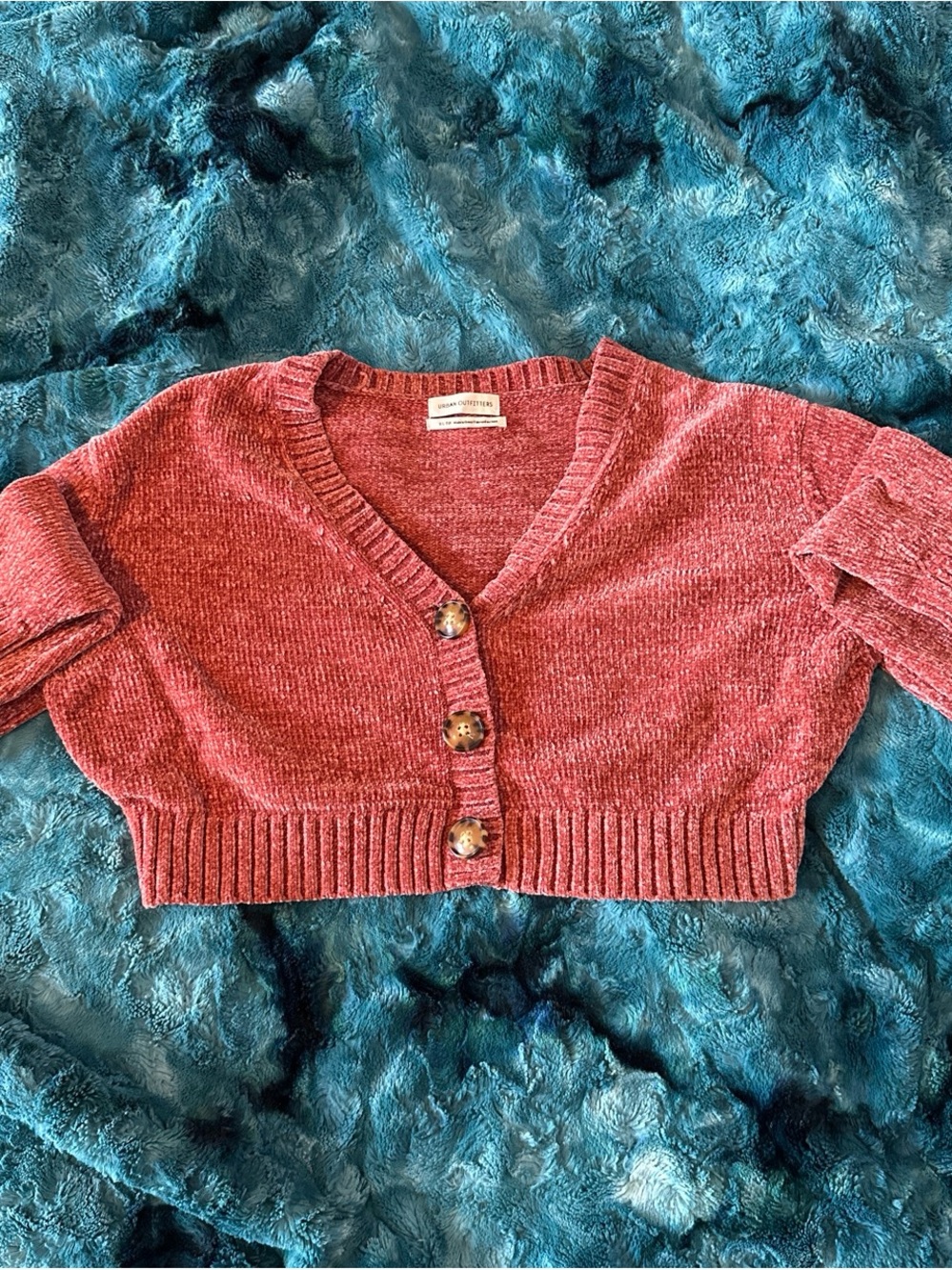 Urban Outfitters Rose/Cranberry Chenille Cropped Button Cardigan